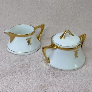 Antique Rogers Martini Co Sugar Bowl & Creamer Set-Porcelain/Gold Trim-Monogram
